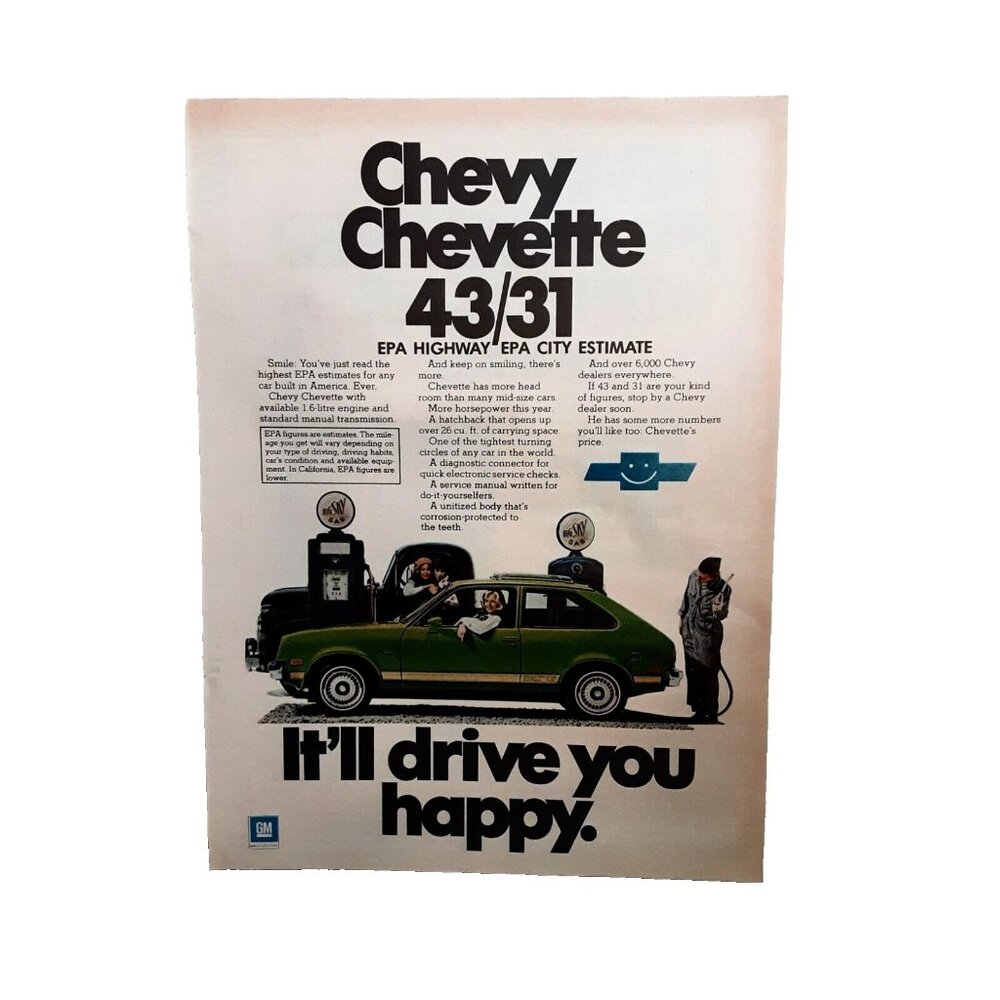 1976 Chevy Chevette It Will Drive You Happy Green Color Car Original Print Ad